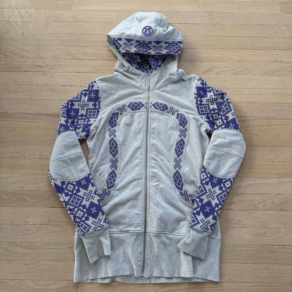 Lululemon Special Edition Fair Isle Scuba Hoodie Purple-Gray Knit Panels Size 12 - Picture 1 of 9